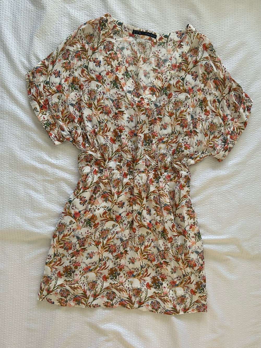 Zara Boho White Floral Smocked Mini Dress Size XL